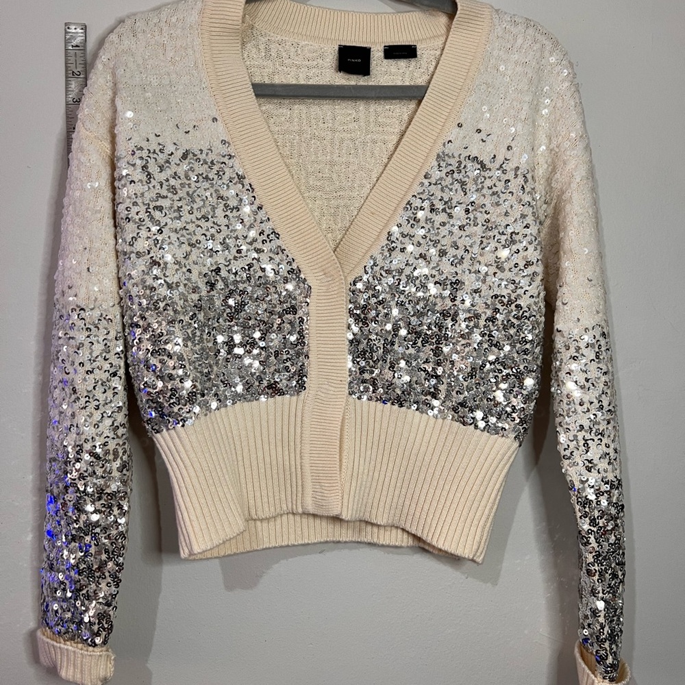 PINKO Cream & Silver V-Neck Sweater